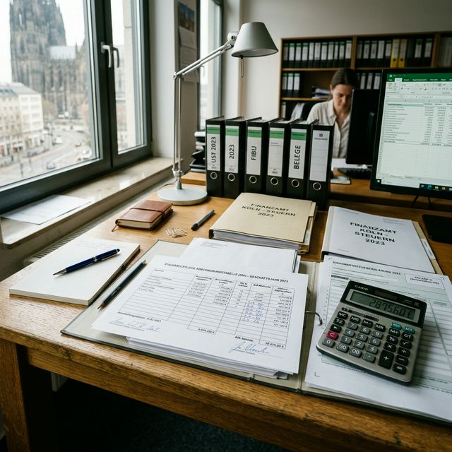 Schreibtisch mit Abschreibungstabellen und Unterlagen zur steuerlichen AfA