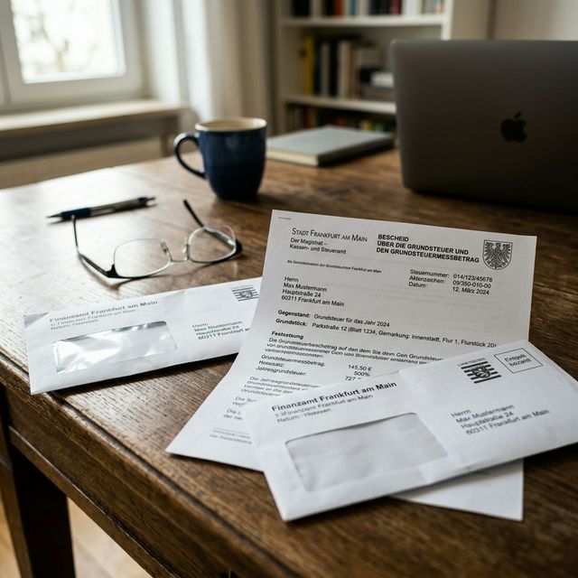Grundsteuerbescheid neben einem Wohnungsschlüssel auf einem Tisch