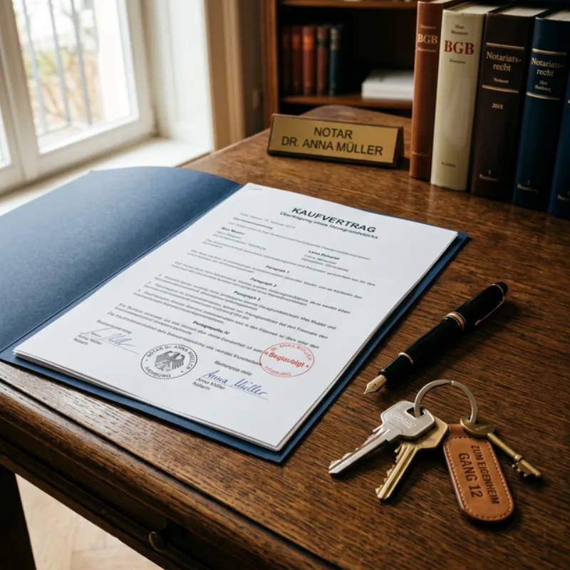 Kaufvertrag und Schlüssel auf einem Holztisch beim Notar
