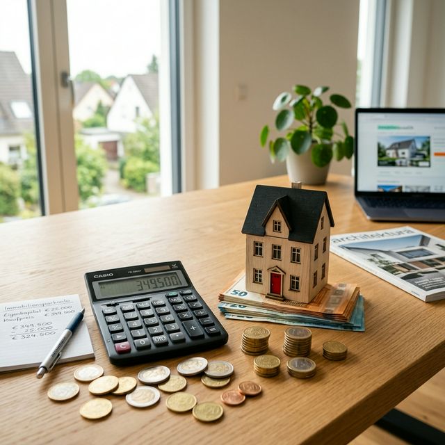 Taschenrechner, Münzen und Sparschwein auf einem Schreibtisch – Symbol für Einsparpotenzial bei Kaufnebenkosten