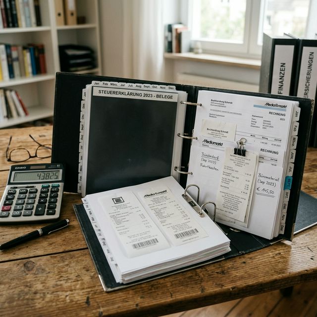 Sortierte Belege und Quittungen in einem Ordner für die Steuererklärung