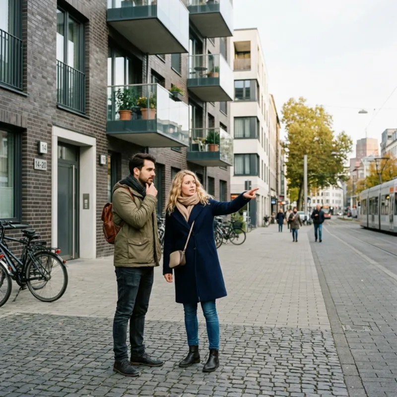 Junges Paar diskutiert vor einem Wohngebäude über Kaufen oder Mieten
