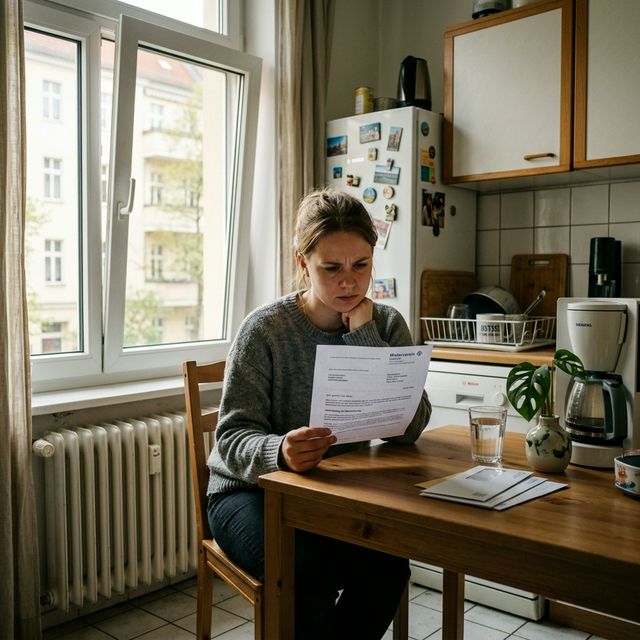 Mieterin liest besorgt ein Mieterhöhungsschreiben in ihrer Wohnung