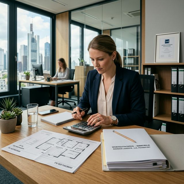 Immobiliengutachterin berechnet den Wert einer Anlageimmobilie am Schreibtisch
