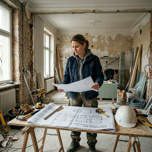 Handwerker bespricht Sanierungspläne mit dem Vermieter in einer Wohnung