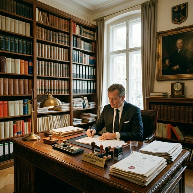 Notarbüro mit juristischen Fachbüchern und Dokumenten auf dem Schreibtisch