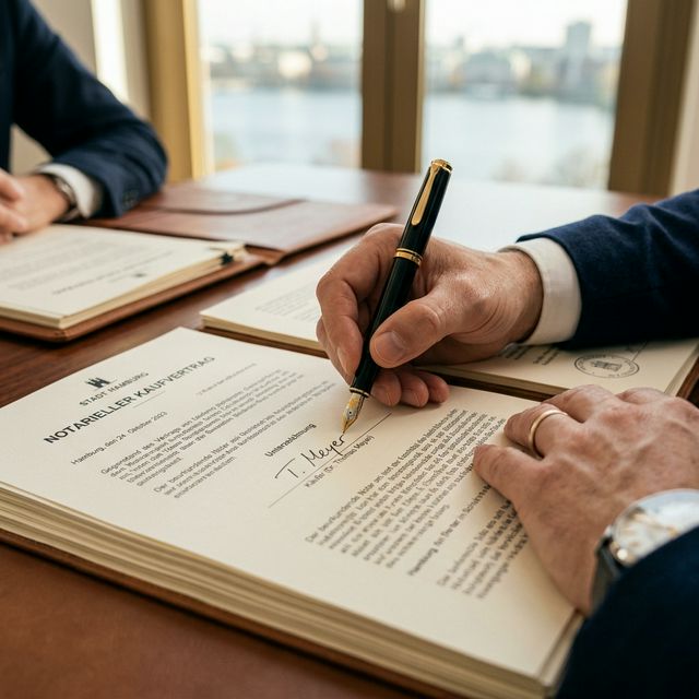 Nahaufnahme einer Unterschrift auf einem notariellen Dokument