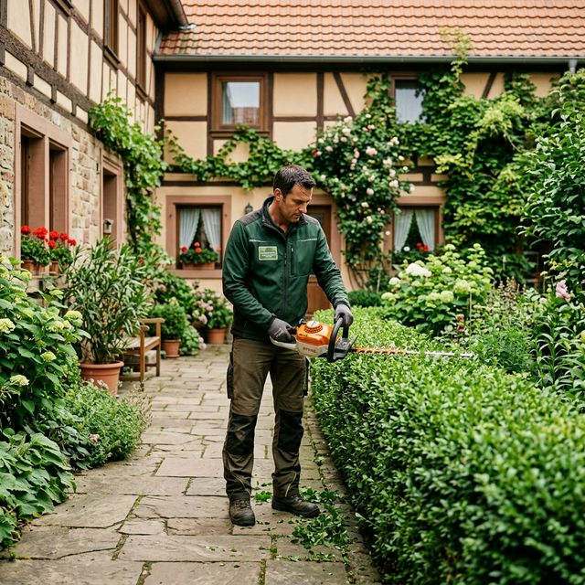 Gärtner pflegt die Grünanlage eines Wohnhauses – eine umlagefähige Nebenkostenart