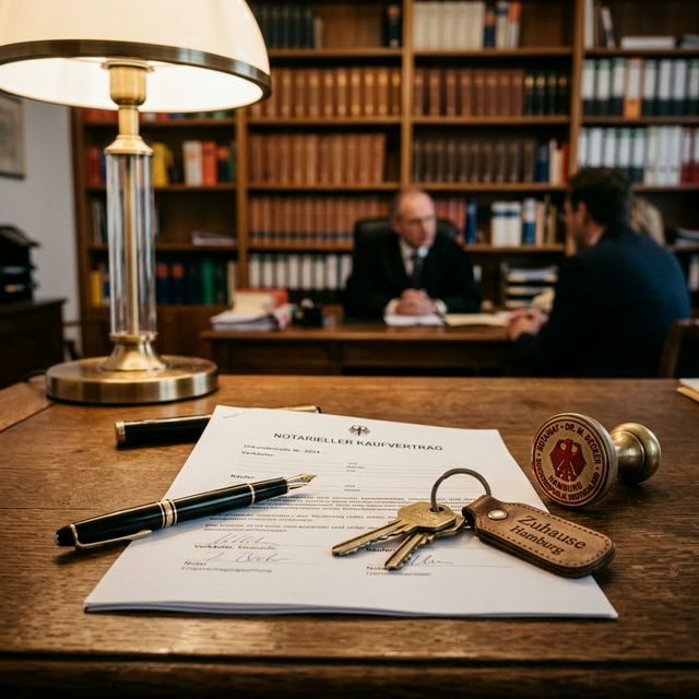 Notartermin beim Immobilienkauf – Kaufvertrag, Schlüssel und Stempel auf dem Schreibtisch